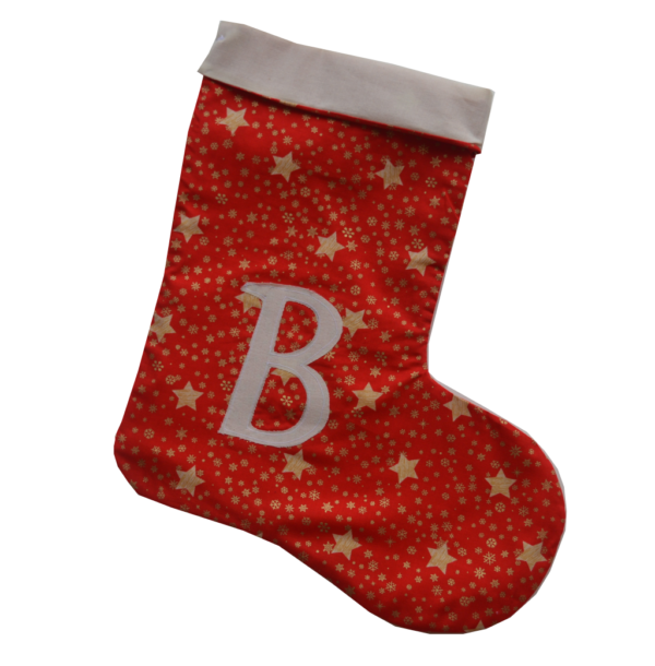 χριστουγεννιάτικη κάλτσα με μονόγραμμα κόκκινη με χρυσά αστεράκια