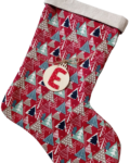χριστουγεννιάτικη κάλτσα κόκκινη-δεντρακια με μονόγραμμα ξύλινο στολίδι