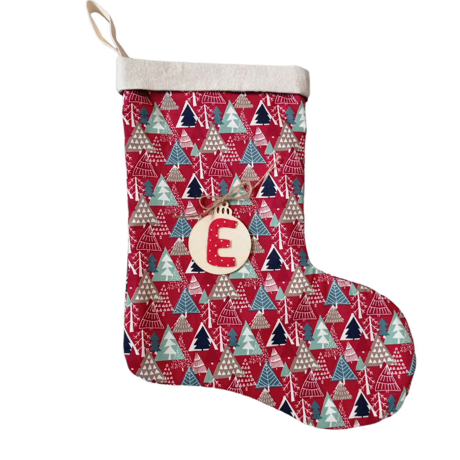 χριστουγεννιάτικη κάλτσα κόκκινη-δεντρακια με μονόγραμμα ξύλινο στολίδι