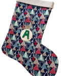 χριστουγεννιάτικη κάλτσα μπλε, δεντράκια με μονόγραμμα ξύλινο στολίδι