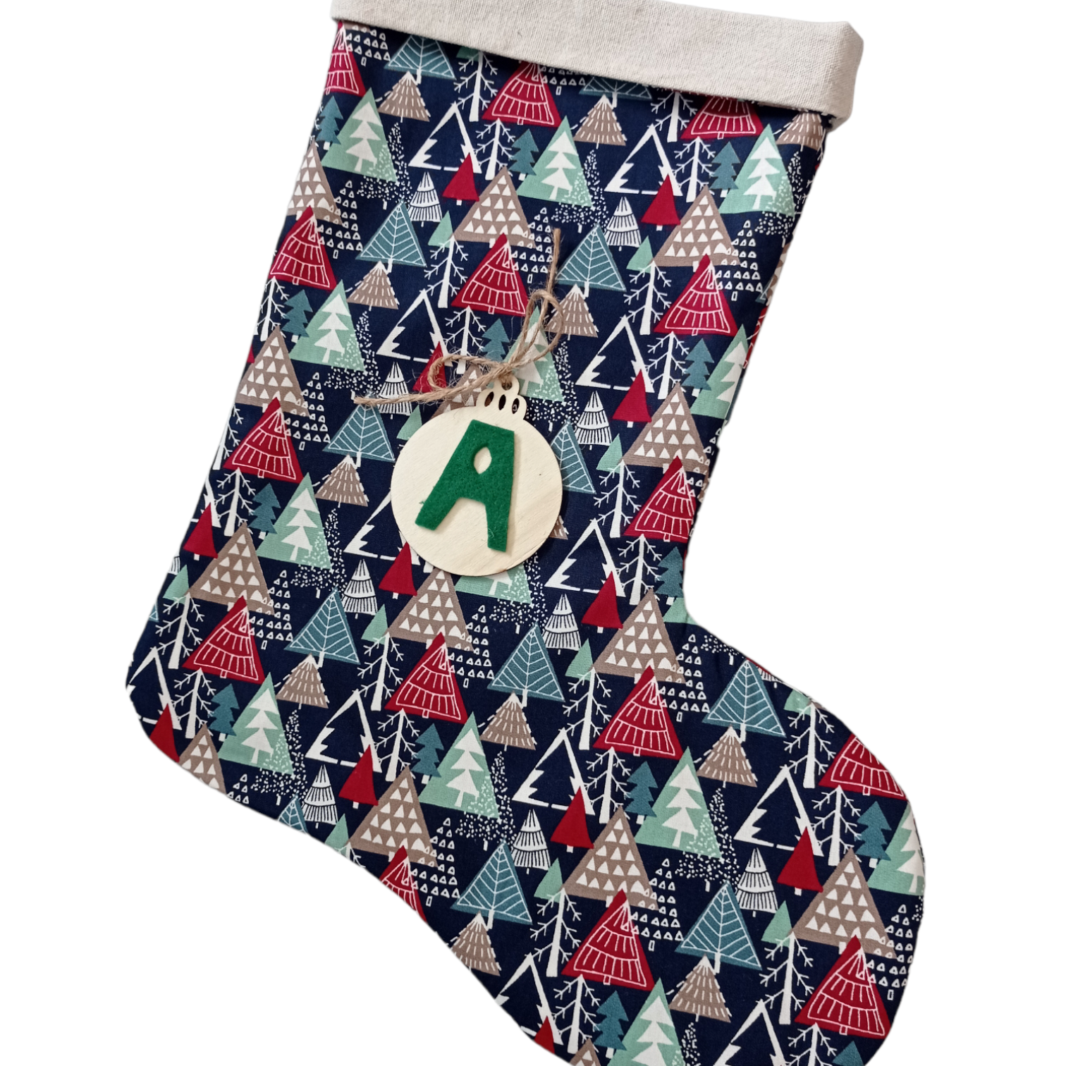 χριστουγεννιάτικη κάλτσα μπλε, δεντράκια με μονόγραμμα ξύλινο στολίδι