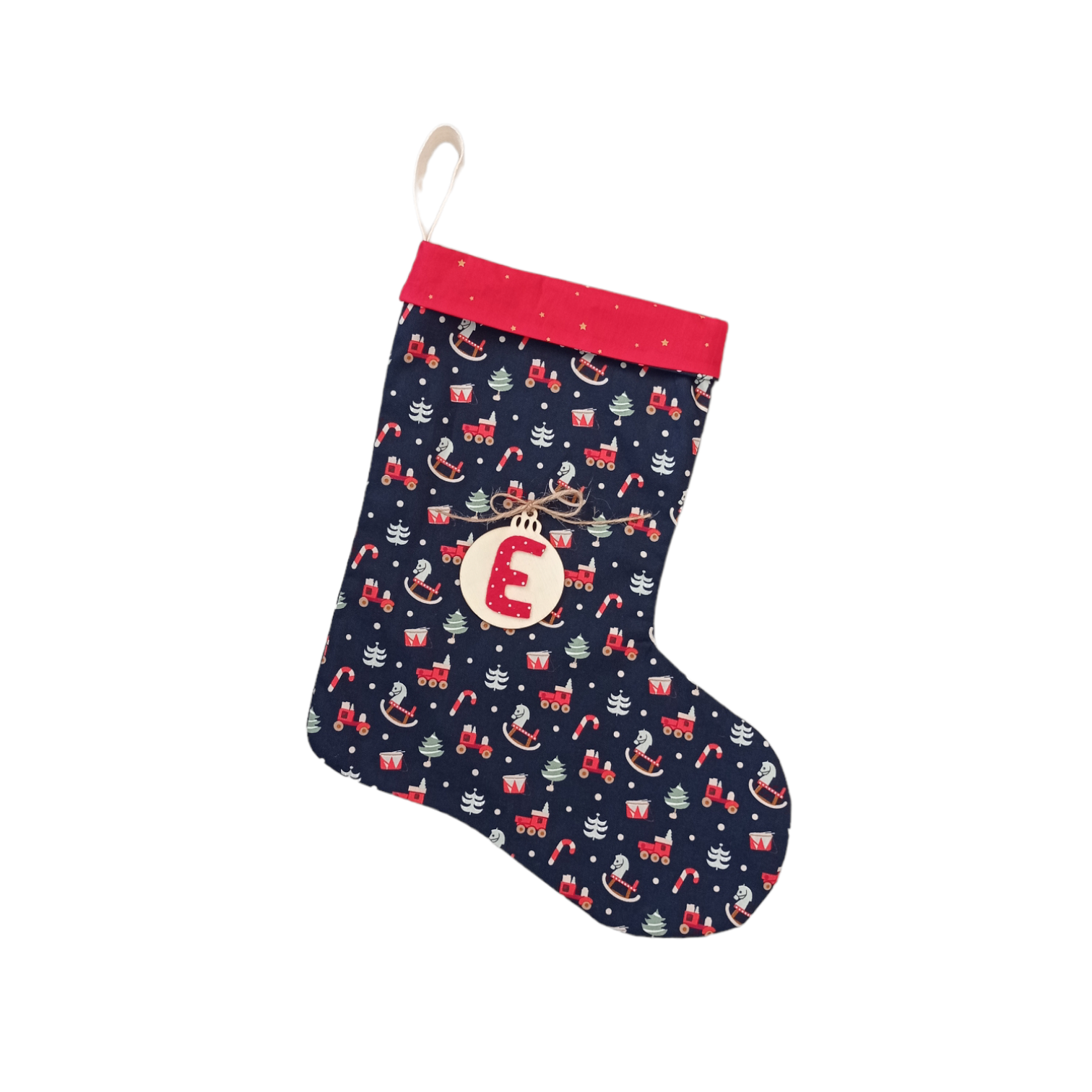 χριστουγεννιάτικη κάλτσα μπλε με μονόγραμμα ξύλινο στολίδι