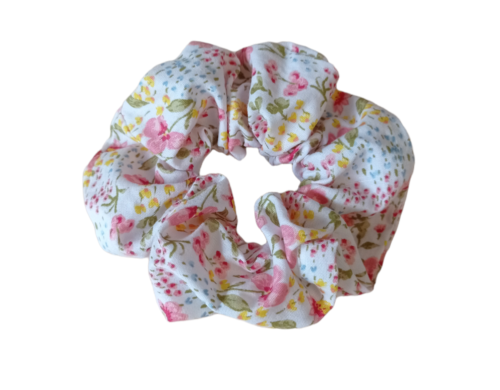 scrunchies-βαμβακερό-λευκό-ροζ-λουλούδια